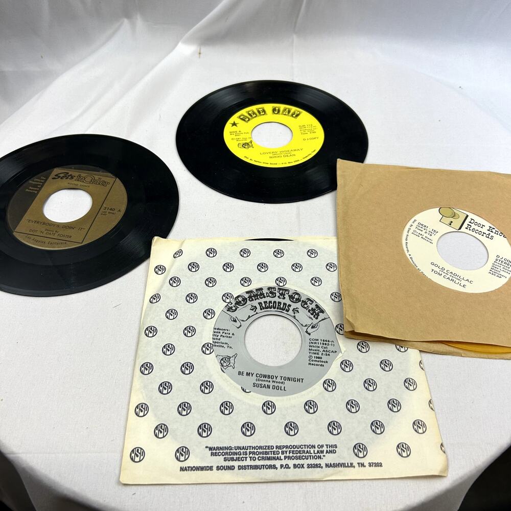 SKU2279 4 Vintage 45 RPM Country Vinyl Records Tom Carlile Nikki Dean DJ Copy
